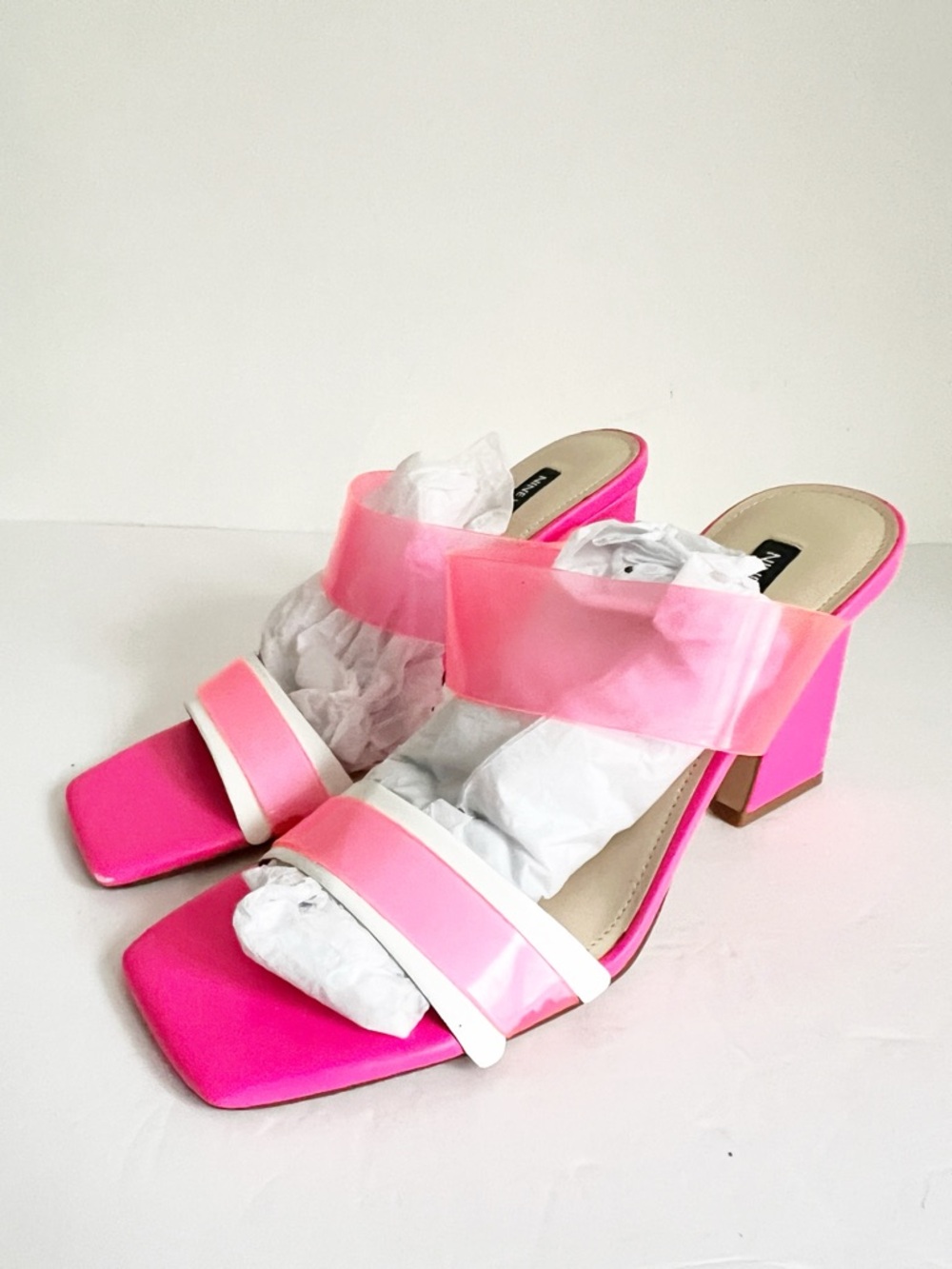 SZ 11 Nine Clear Pink Two-Tone Strap Block Heel Slide Sandals Mules